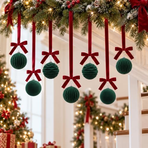 16 Sets Green Velvet Christmas Ball Ornaments with Bow Ribbon, 35" Long