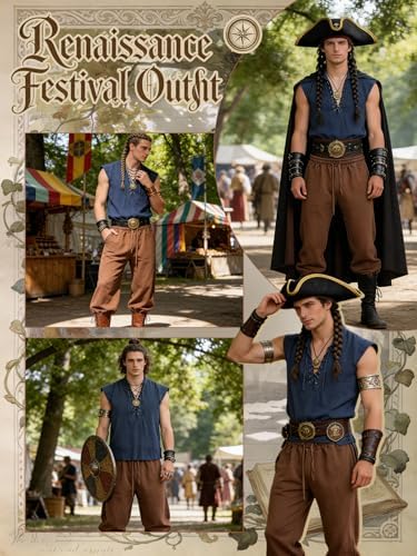 Verceco Mens Pirate Costume 8PCS Renaissance Sleeveless Shirt Ankle-Banded Pants Sash Belt & Accessories LARP Cosplay