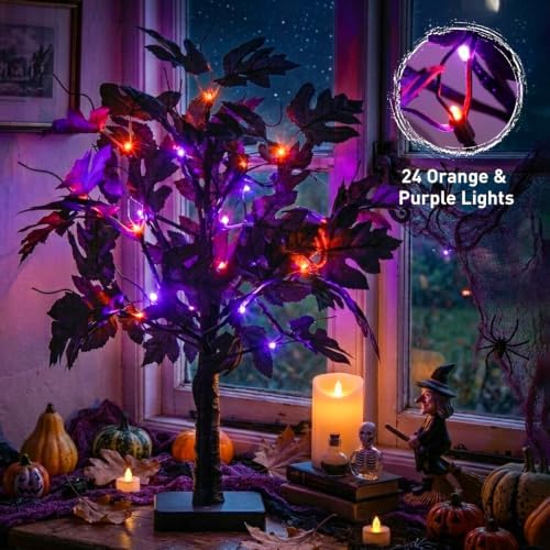 PEIDUO Halloween Tree Lights with Black Leaves Halloween Decorations