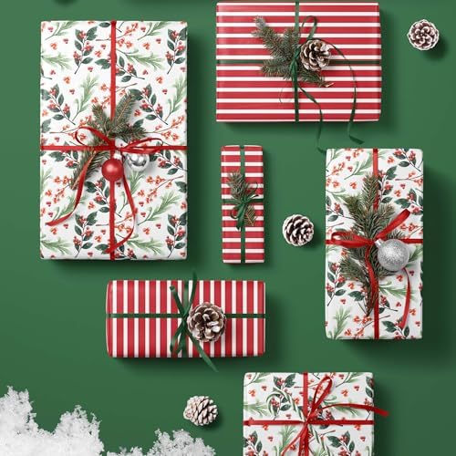 LaRibbons Reversible Christmas Wrapping Paper, Vintage Red Berries Stripe