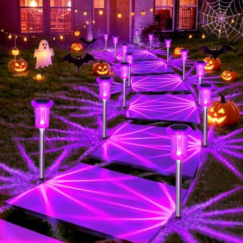 DenicMic Solar Halloween Lights Outdoor 15 Pack Purple LED Halloween Decor