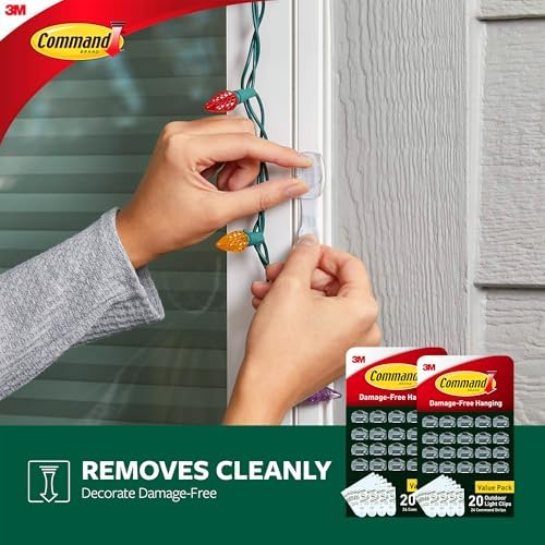 Command Outdoor Light Clips, 40 Clear and 48 Strips, Damage Free Hanging with Weather Resistant Strips, Wall Clips for Hanging Outdoor Lights and Cable Management