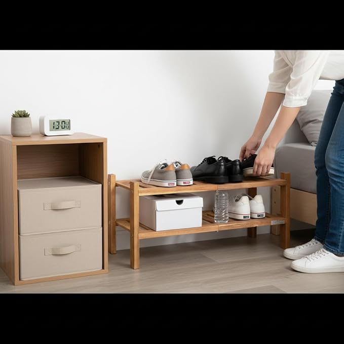 2-Tier Acacia Wood Stackable Shoe Rack - Brush Teak
