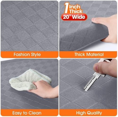 1" Thick Kitchen Mats for Floor, Water Resistant Floor Rug,Grey/72" x 20"