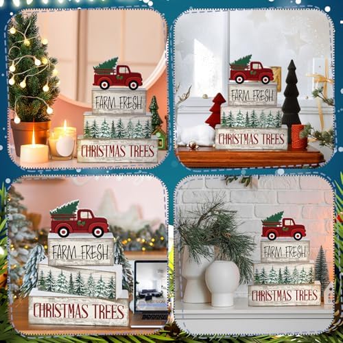 Lineshading 4 Pcs Christmas Table Decor, Red Truck Tree Wood Block Sign