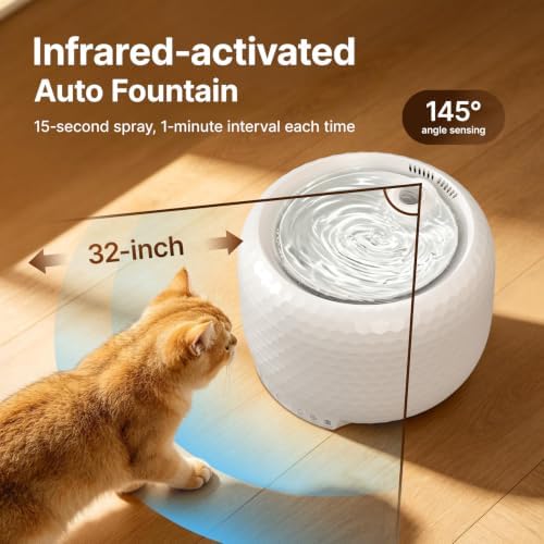 Red Dot Award Wireless Cat Water Fountain 1.8L/60oz, 145° Sensor Fountain with 5000mAh Battery, Silent Pump, Water-Electric Separation & Low Water Auto Shut Off for Cats Dogs