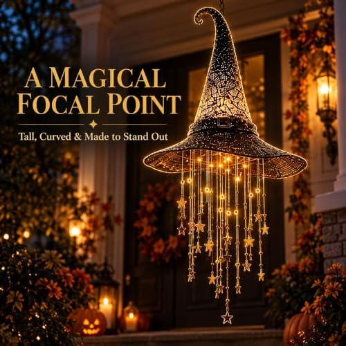 2027 New Lighted Witch Hat Hanging Chime Halloween, Witch Star Tassel，1pc