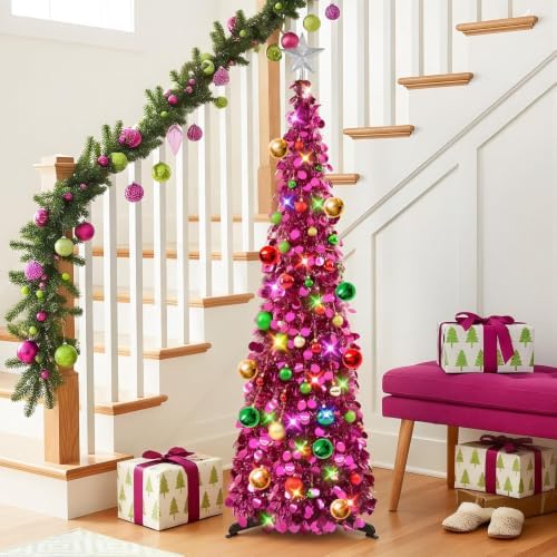 N&T NIETING Pop Up Christmas Tree with Lights & Ornaments, 5FT, Fuchsia