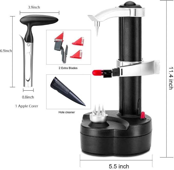 Electric Potato Peeler Automatic Potato Peeler Machine, Electric Peeler Fruits and Vegetables, Apple Peeling Machine for Kitchen [1 Adapter 2 Extra Blades] with Apple Corer (Black-B)