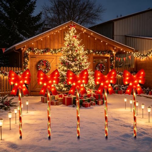 Outdoor Christmas Decorations Solar Pathway Lights, Set of 5 Red Bow Candy Stake Lights, Waterproof Solar Christmas Lights for Holiday Display Yard Garden Lawn Winter Party Xmas Decor