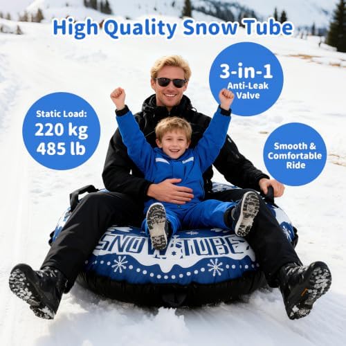 Snow Tube, Heavy Duty Inflatable Snow Sled with Reinforced Cover, Snow Sleds with Handles, Suspended Seat and Pull Rope for Winter Sledding
