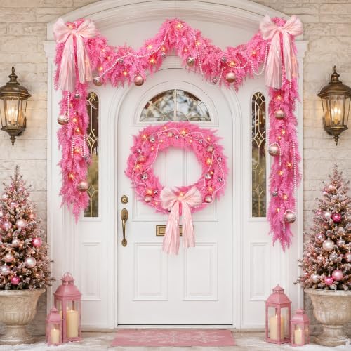 9FT Pink Christmas Garland with Lights Bow Decor Soft Preit Cedar Garland