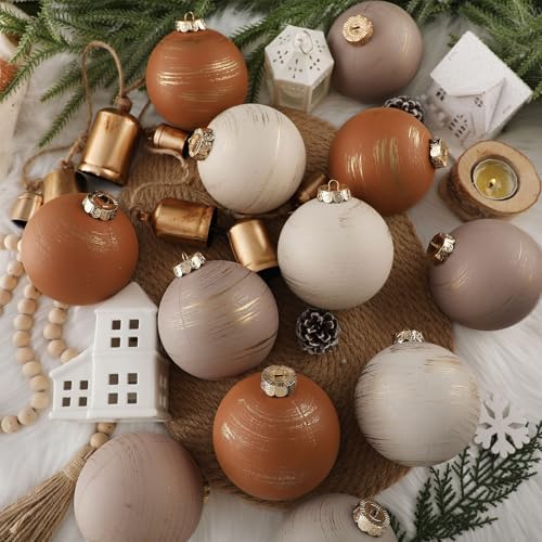 Yunlly 12 Pcs Neutral Christmas Ornament, Brown Ivory Beige, 4''