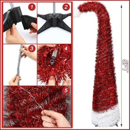 Aurelema 5 ft Curved Pop up Christmas Tree with 50 LED Lights Tinsel Red