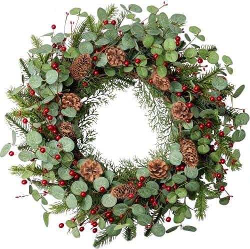 Christmas Wreath 24 Inch Christmas Wreaths for Front Door Xmas Red Berry Wreath with Green Eucalyptus Leaves Pine Cones Red Berries for Wall Window Porch Xmas Holiday Winter Decorations