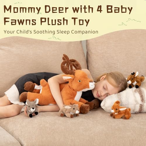 MorisMos Plush Deer Stuffed Animal, 18" Mommy Stuffed Deer with 4 Babies