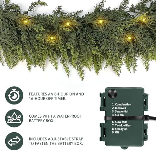 9FT Christmas Garland with Lights, Lush PE Cedar Garland, 20 LEDs, Timer