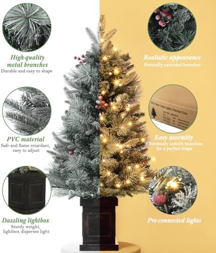 3FT Prelit Snow Flocked Christmas Tree with Prelit Premium 70 LED 8 Mode Battery Powered Mini Small Xmas Tree for Christmas Decoration Gift,Home,Office,Outdoor,Indoor with Classic Black Base-2PCS