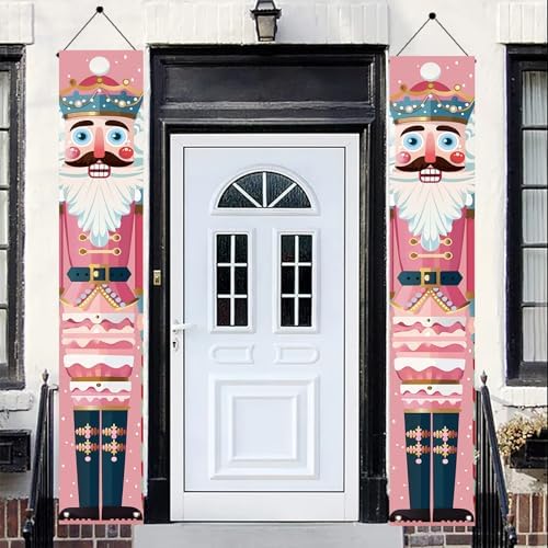 2PCS Christmas Nutcracker Porch Banner Decorations 71 x 12 Inch Pink Nutcracker Soldier Hanging Sign Vertical Holiday Wall Decor for Indoor Fireplace Doorway Winter Party Setup
