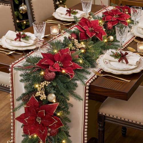 SHareconn 9FT Prelit Christmas Garland with Multi-Color LED Lights, Battery-Operated Timer, Includes Flower Ball & Poinsettia for Table Mantle Fireplace Indoor Outdoor Xmas Decor, Red and Gold, 9 FT
