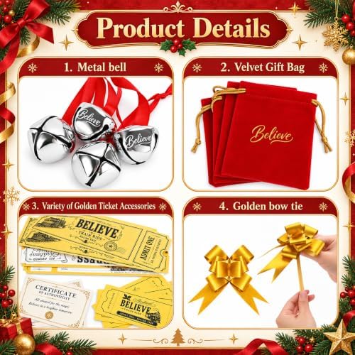 84 Pcs Christmas Believe Bell Golden Ticket Gifts Set Xmas Tree Ornaments