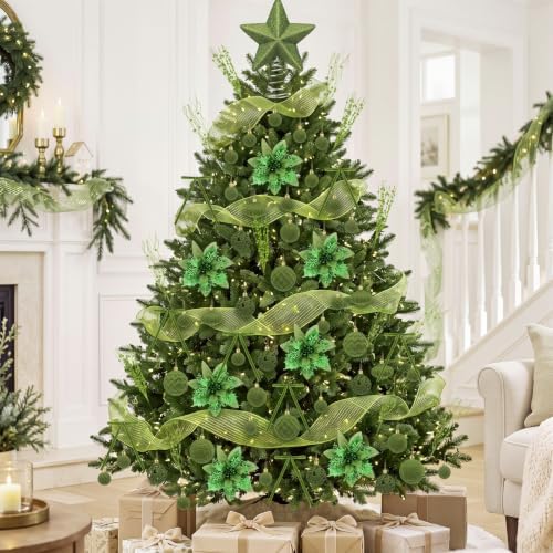 84 Pcs Christmas Tree Decorations Star Topper Ornaments Artificial Poinsettia Flowers Green Balls Velvet Bow Berry Picks Christmas Tree Hanging Ornaments for Xmas Home Office Decorations