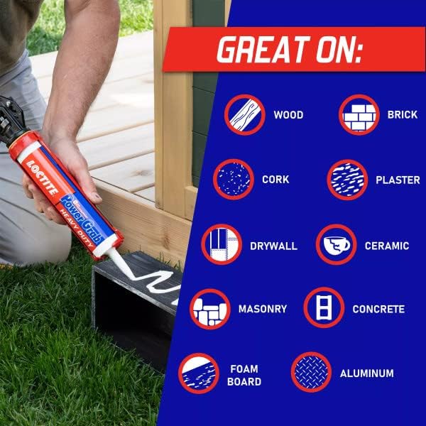Loctite Power Grab Express Heavy Duty Construction Adhesive, 9 fl oz Cartridge, 12 Pack - Versatile Construction Glue for Cement, Tile, Wall & More