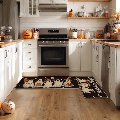 Artoid Mode Ghost Bat Black Halloween Kitchen Mats Set of 2-17x29+17x47