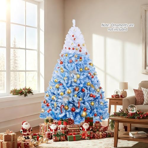 HAPPYGRILL 7 FT Pre-lit Flocked Christmas Tree Blue Hinged Xmas Tree with 1264 Branch Tips, 350 Warm White LED Lights & Folding Metal Stand, for Home Office Carnival