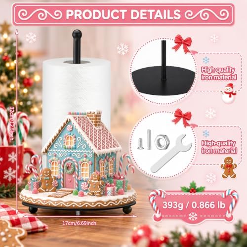 Christmas Paper Towel Holder Pink Gingerbread House Kitchen Decor