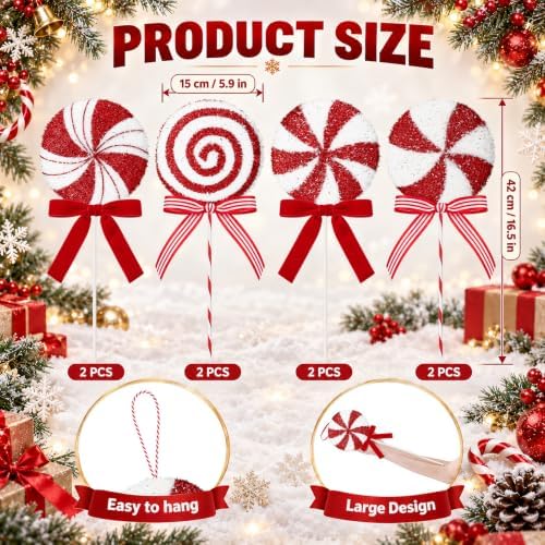 8 Pcs 16.5" Giant Candy Cane Ornament Glitter Peppermint Christmas Decor