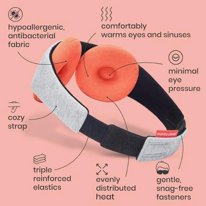 Manta Steam Sleep Mask - Reusable Near-Blackout Sleeping Mask for Relaxation & Restful Sleep - Adjustable Microwavable Steam Eye Cups for Natural Hydration, Eye Strain & Sinus Relief