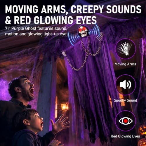 71" Halloween Hanging Skeleton Ghosts with Moving Grabbing Arm, Scary Sound & Glowing Red Eyes, 3 Pack Halloween Decorations Outdoor Flying Grim Reaper Set for Yard Porch Haunted House Props Décor