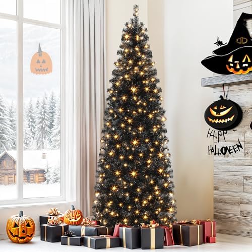 DWVO 7.5FT Pre-Lit Blck Pencil Christmas Tree with 350 Dual-Color LEDs