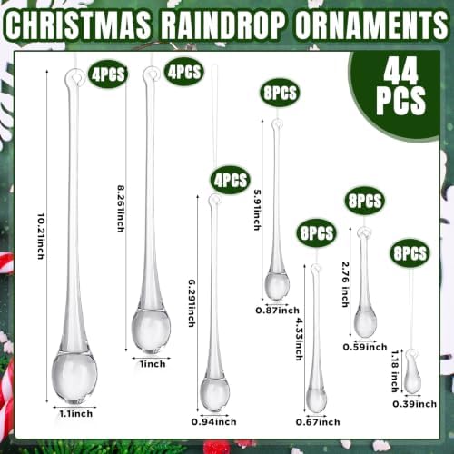 44 Pcs Crystal Glass Teardrop Christmas Ornaments, 7 Multiple Sizes