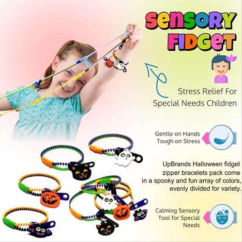 UpBrands 144-Pack Halloween Bracelets for Kids – Zipper Fidget Toys, Classroom Prizes, Halloween Party Supplies, Treat Bag & Pinata Fillers