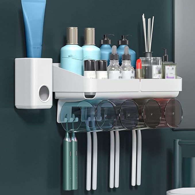 Toothbrush Rack Multifunctional Bathroom Toothbrush Holder Wall Mounted Organizer, Toothbrush Holder with Toothpaste Dispenser and Cups Bathroom Toothbrush Holder(B)
