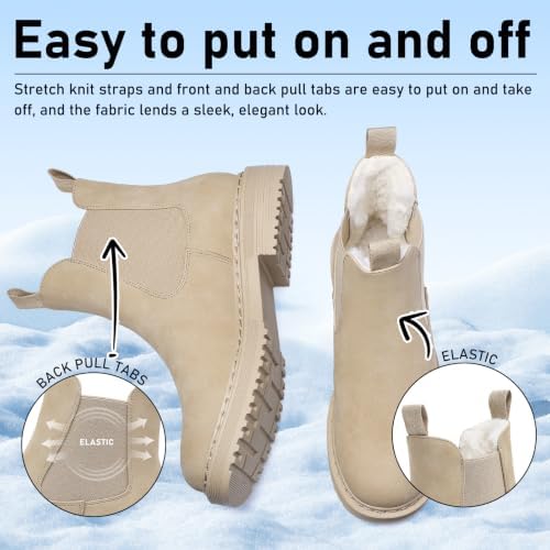 Womens Winter Chelsea Boots Warm Faux Fur Lined Chunky Lug Ankle Booties