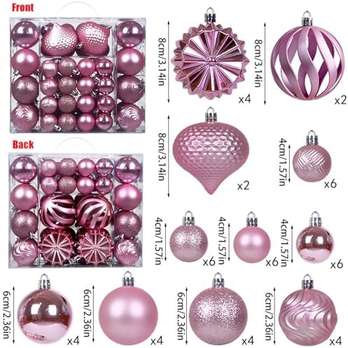 Christmas Tree Balls Ornaments Set, 48 Pcs Shatterproof Plastic Decorative Baubles Shiny Hanging Ball Ornaments for Xmas Tree Holiday Party Wedding Decoration, Pink
