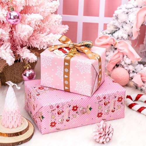 WRAPAHOLIC Reversible Pink Christmas Wrapping Paper - Mini Roll - 17 Inch x 33 Feet - Pink Christmas Tree Wrapping Paper and Snowflake Design for Holiday, Party Celebration