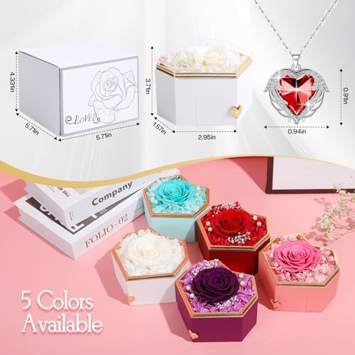 Preserved White Real Rose with Necklace Forever Flowers Diamond shaped Box for Mom Wife Girlfriend Grandma on Mothers Day Birthday Valentines Christmas Anniversary Beatiful Gifts for women