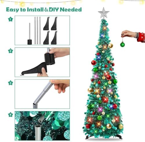 N&T NIETING Pop Up Christmas Tree with Lights & Ornaments, 5FT, Dark Green