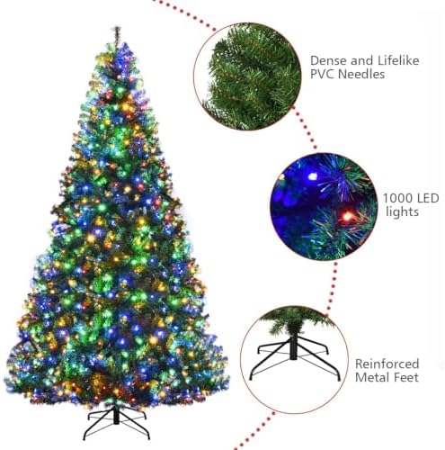 HAPPYGRILL 9FT Pre-lit Artificial Christmas Tree with 2944 PVC Branch Tips and Foldable Base, Premium Spruce Tree Hinged Xmas Tree with 1000 Lights, 11 Color Modes for Holiday Decoration