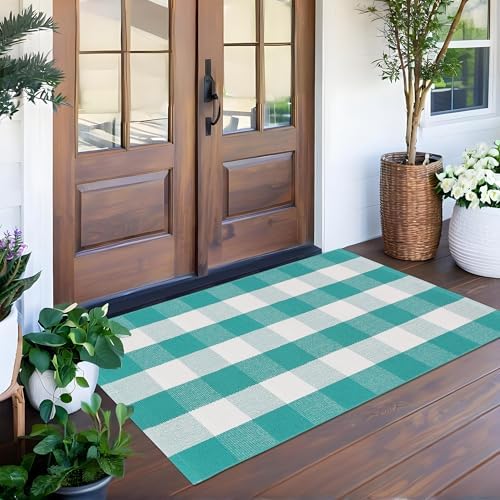 Spring Green & White Plaid Rug - 28 x 43 Inches Outdoor Front Door Decor Mat Cotton Washable Hand-Woven Rug Christmas New Year Holiday Porch Entryway Layered Doormat