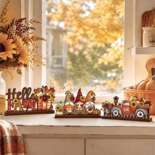 3 Pcs Fall Centerpieces for Tables, Wooden Autumn Decorations for Home