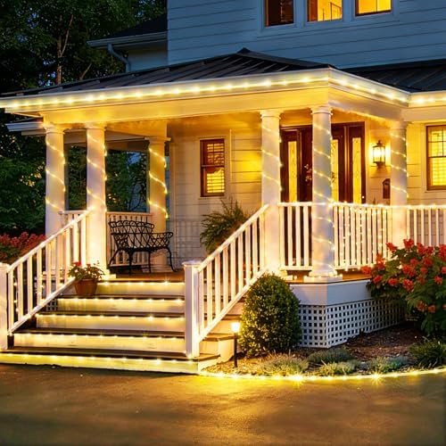 KNONEW Solar Rope Lights Outdoor 300LED 50FT Solar String Lights Outside Waterproof with Modes Clear Thin Tube for Pool Tree Patio Garden Fence Camping Yard Deck Trampoline（Warm White）