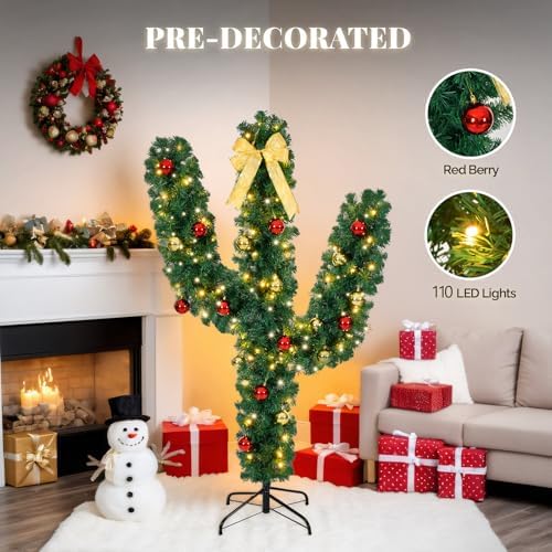 VINGLI 5ft Pre-lit Cactus Christmas Tree, 110 LED Lights, 400 Tips