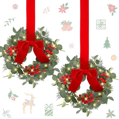 Syhood 2 Pcs 9 Inch Lighted Mini Christmas Eucalyptus Wreaths