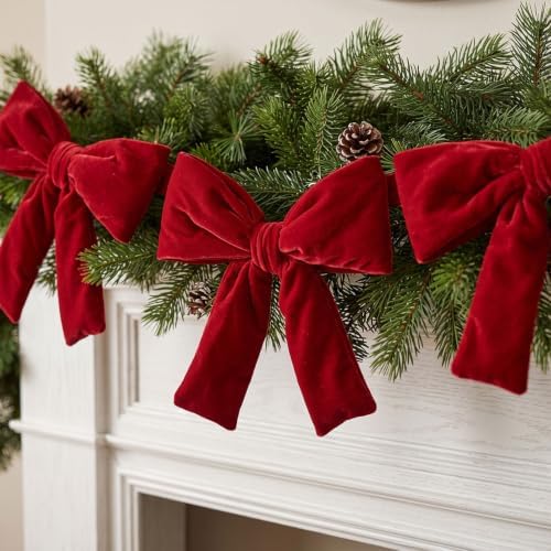 Christmas Decorations - 6 Ft Red Velvet Bow Garland