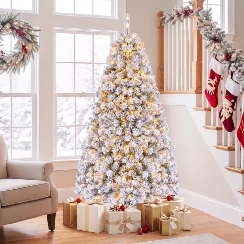 HAPPYGRILL 6FT Pre-Lit Christmas Tree Premium PVC Needles, 600 Branch Tips Flocked Snow Hinged Pine Tree with Solid Metal Stand 250 LED Lights Ideal for Holiday Decoration
